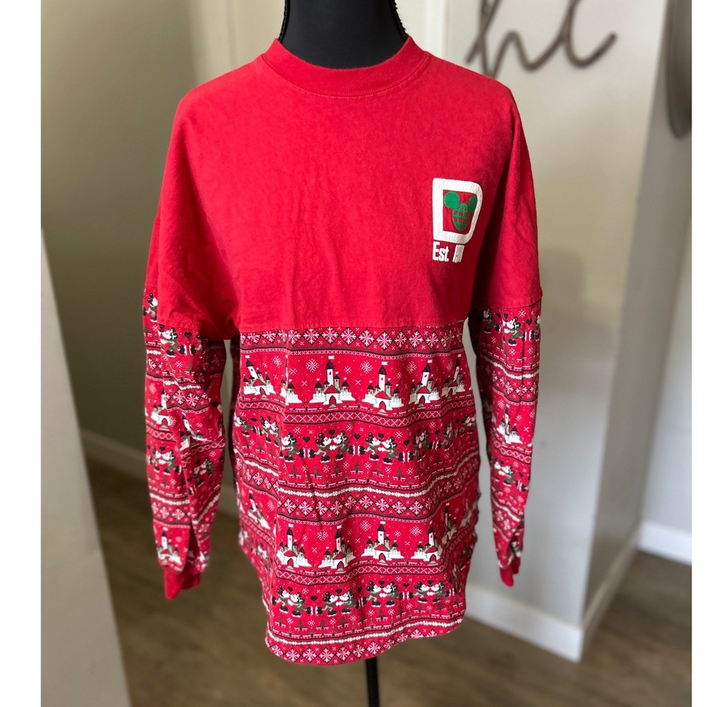 Disney World Parks Womens Spirit Jersey‎ XS Red Christmas Castle Mickey Mouse